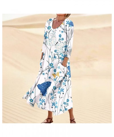 Plus Size Maxi Dresses for Women 2023 Boho Printed 3/4 Sleeve Dress U Neck Flowy Beach Sundresses with Pockets E36-light Blue...