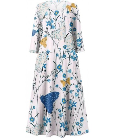 Plus Size Maxi Dresses for Women 2023 Boho Printed 3/4 Sleeve Dress U Neck Flowy Beach Sundresses with Pockets E36-light Blue...