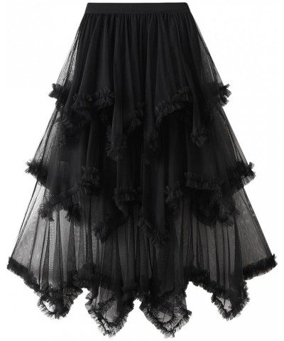 Women Long Tulle Tutu Skirt Layered Aline Puff Mesh Skirt Floor Length Split Half-Dress Ruffle Princess Party Skirt D Black $...