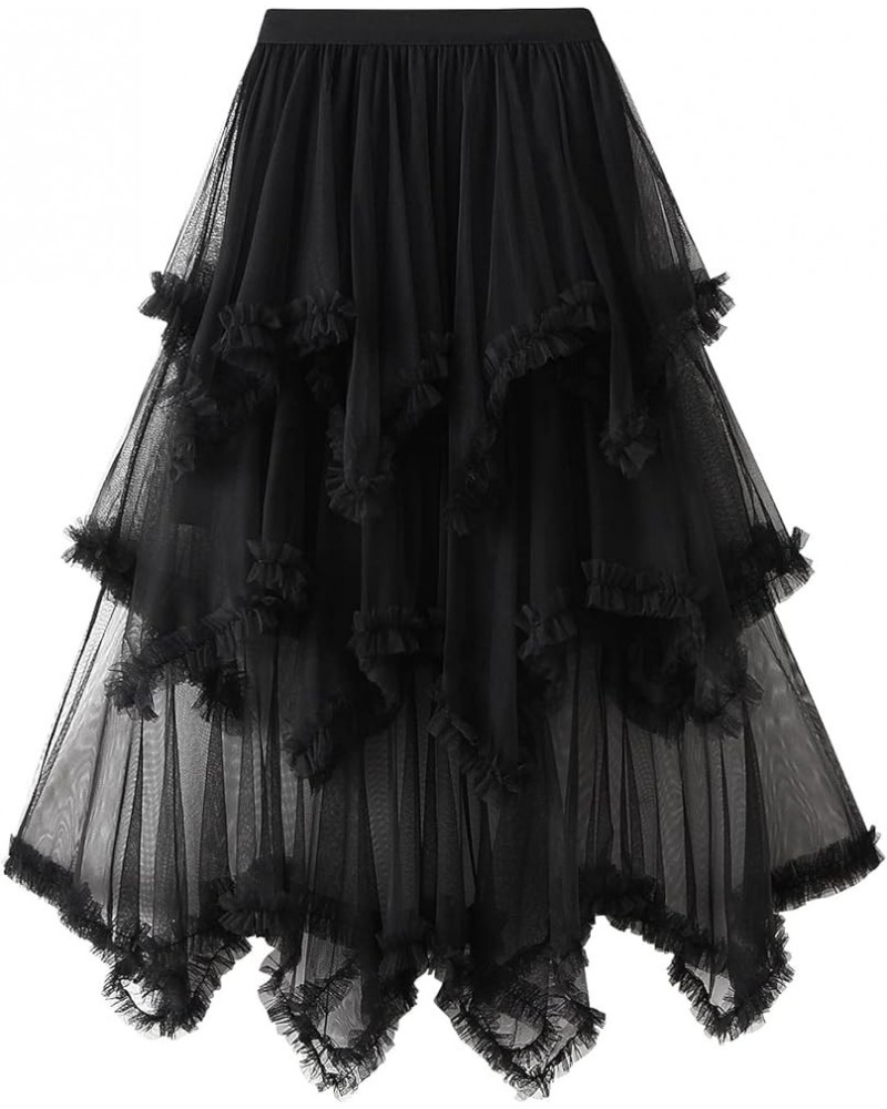 Women Long Tulle Tutu Skirt Layered Aline Puff Mesh Skirt Floor Length Split Half-Dress Ruffle Princess Party Skirt D Black $...