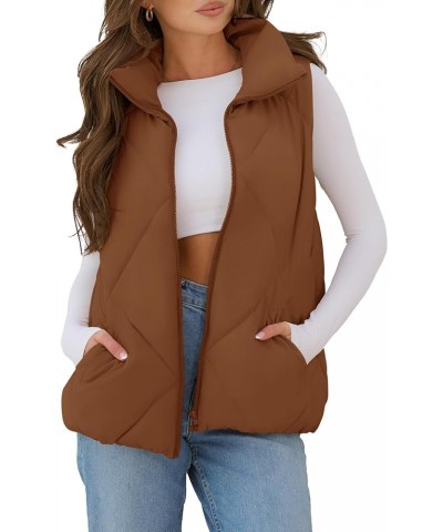 Womens 2024 Puffer Vest Sleeveless Zip Up Quilted Coat Stand Collar Gilet Jacket With Pockets Brown $19.60 Vests