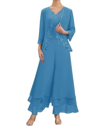 2 Pieces Mother of The Bride Pant Suit with Jacket Formal Pantsuits for Women Dressy Wedding Guest Ocean Blue $37.60 Suits