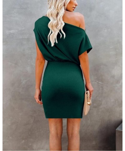 Women's Off The Shoulder Short Sleeve Ribbed Casual Summer Hips-Wrapped Bodycon Party Mini Dress Blackish Green $17.63 Dresses