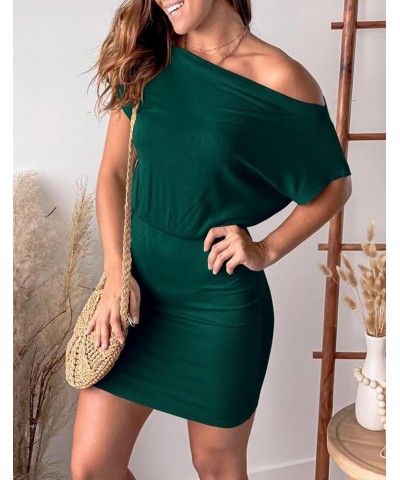 Women's Off The Shoulder Short Sleeve Ribbed Casual Summer Hips-Wrapped Bodycon Party Mini Dress Blackish Green $17.63 Dresses