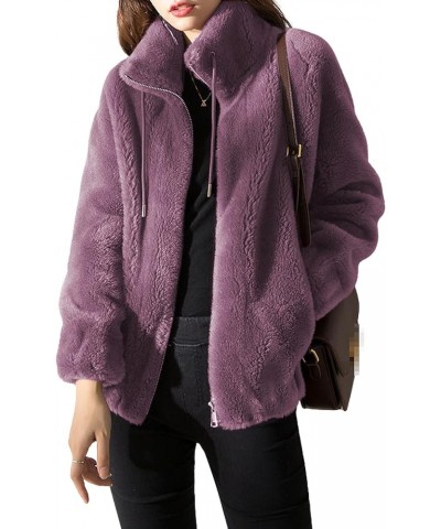 Women's Zip Up Sherpa Fleece Jacket Coat Long Sleeve Stand Collar Flannel Fuzzy Sweatshirt Hoodies Purple $18.62 Jackets