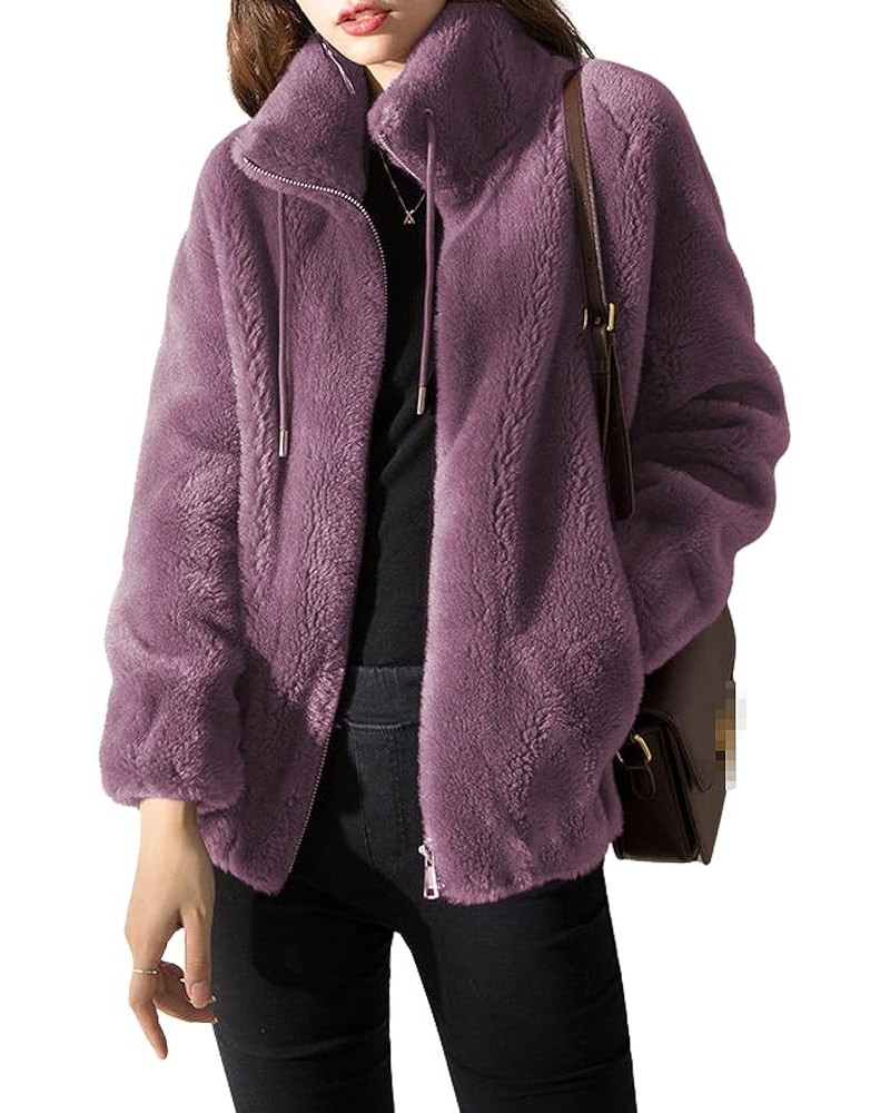 Women's Zip Up Sherpa Fleece Jacket Coat Long Sleeve Stand Collar Flannel Fuzzy Sweatshirt Hoodies Purple $18.62 Jackets