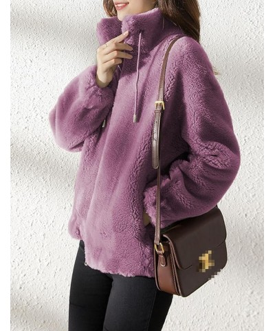 Women's Zip Up Sherpa Fleece Jacket Coat Long Sleeve Stand Collar Flannel Fuzzy Sweatshirt Hoodies Purple $18.62 Jackets