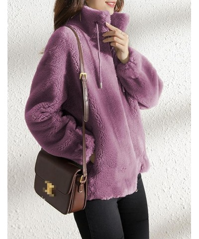 Women's Zip Up Sherpa Fleece Jacket Coat Long Sleeve Stand Collar Flannel Fuzzy Sweatshirt Hoodies Purple $18.62 Jackets