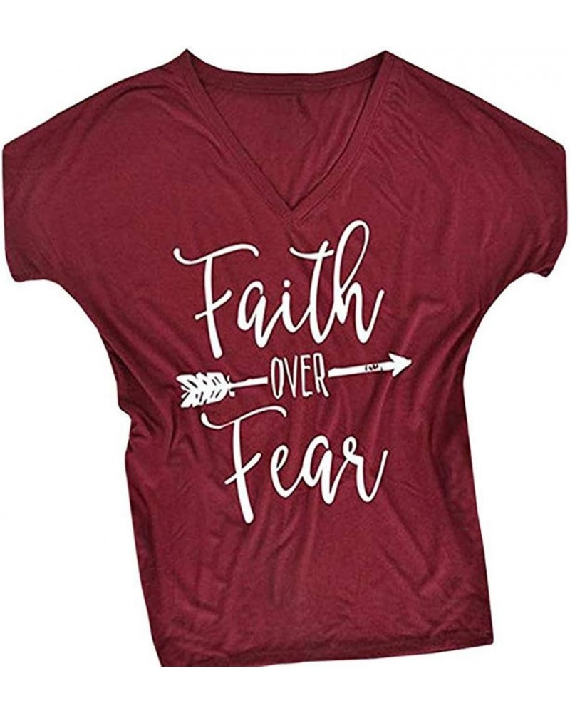 Women's Short Sleeve Letter Printed V Neck Tee Tops Casual T-Shirt Wine Red $9.68 T-Shirts