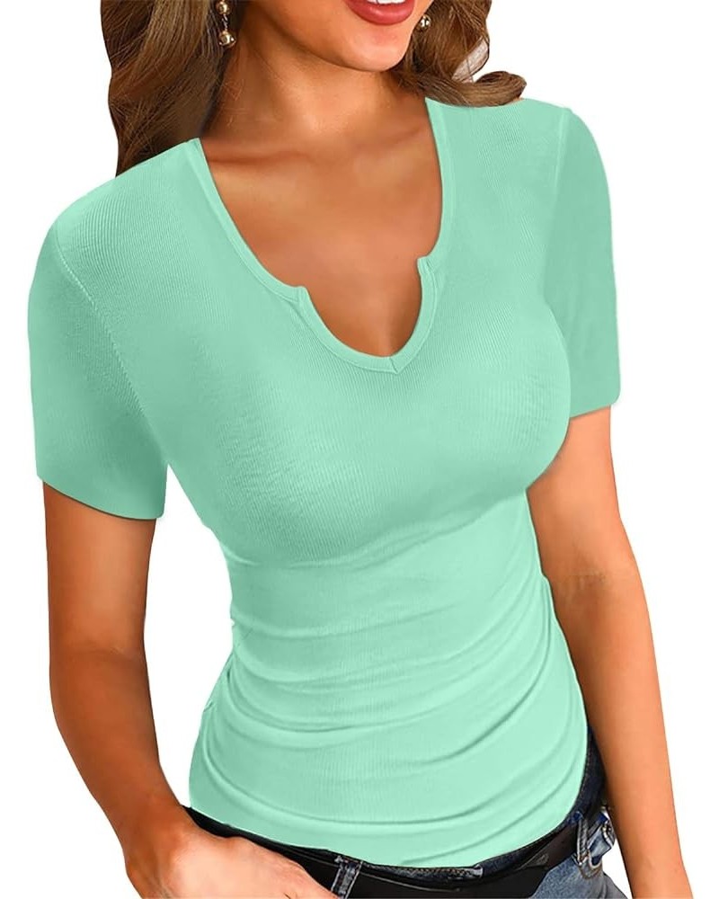 Womens Summer T-Shirts Basic V Neck Sexy Short Sleeve Fitted Ribbed Casual Shirts A-green3 $13.77 T-Shirts