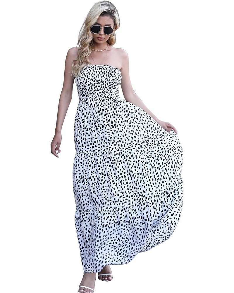 Women's Summer Boho Casual Maxi Long Dress Solid Color Strapless Party Beach Dress White Leopard Point $22.79 Dresses