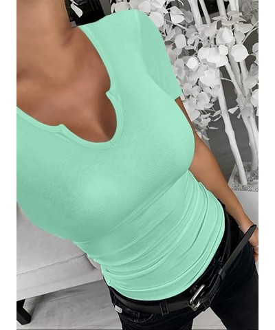 Womens Summer T-Shirts Basic V Neck Sexy Short Sleeve Fitted Ribbed Casual Shirts A-green3 $13.77 T-Shirts