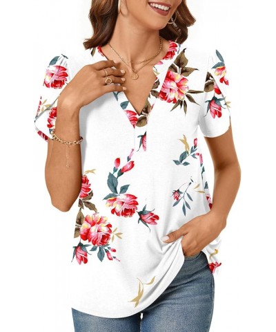 Women's Summer Tunic Tops Petal Short Sleeve V Neck Shirts Casual Blouse Spring Loose Fit T-Shirts Roses White $10.79 Tops