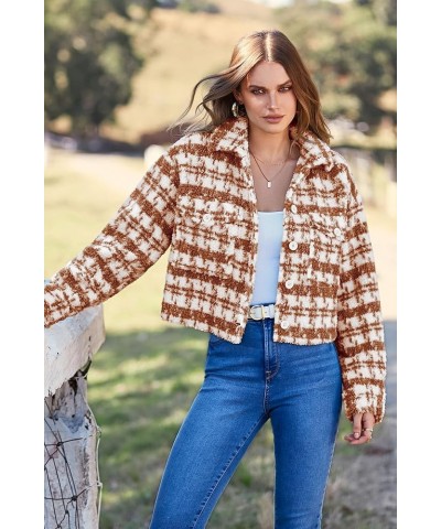 Women's Fall Plaid Shacket Jacket Faux Fur Lapel Open Front Cropped Winter Coats Outerwear Brown $10.00 Coats