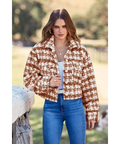 Women's Fall Plaid Shacket Jacket Faux Fur Lapel Open Front Cropped Winter Coats Outerwear Brown $10.00 Coats