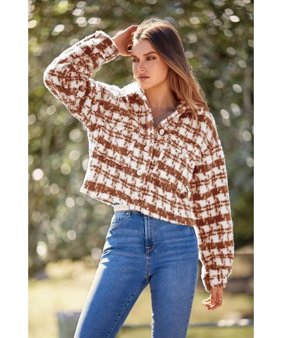 Women's Fall Plaid Shacket Jacket Faux Fur Lapel Open Front Cropped Winter Coats Outerwear Brown $10.00 Coats