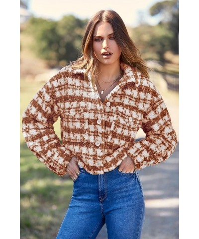 Women's Fall Plaid Shacket Jacket Faux Fur Lapel Open Front Cropped Winter Coats Outerwear Brown $10.00 Coats