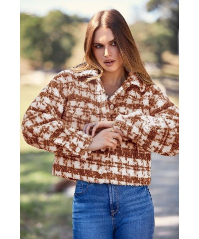 Women's Fall Plaid Shacket Jacket Faux Fur Lapel Open Front Cropped Winter Coats Outerwear Brown $10.00 Coats