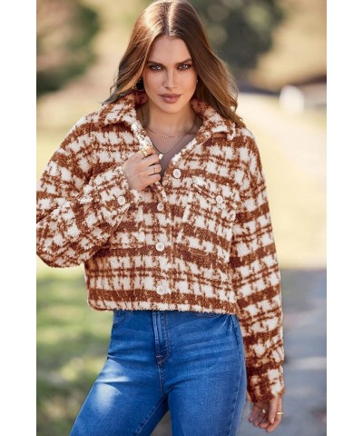 Women's Fall Plaid Shacket Jacket Faux Fur Lapel Open Front Cropped Winter Coats Outerwear Brown $10.00 Coats