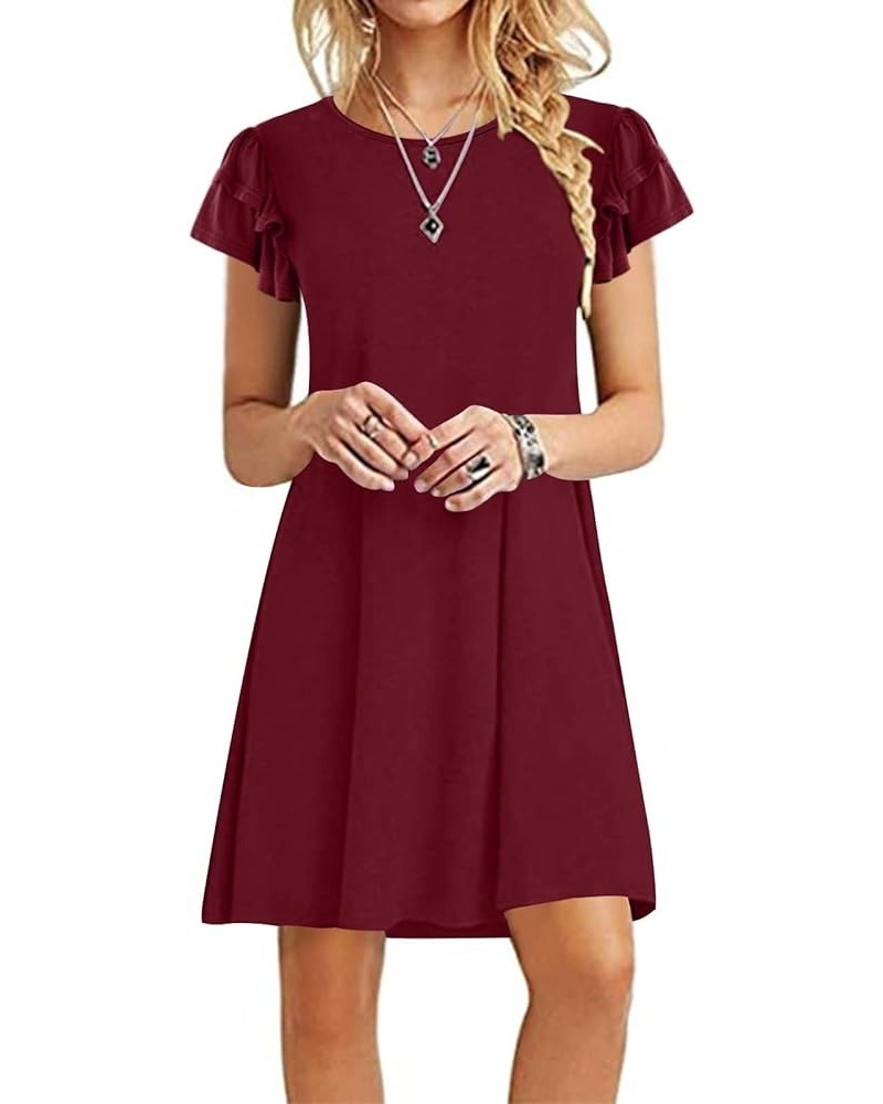 Women 2023 Mini Dresses Summer Casual Ruffle Short Sleeve Cute Crew Neck Flowy Dress with Pockets Wine Red $17.25 Dresses