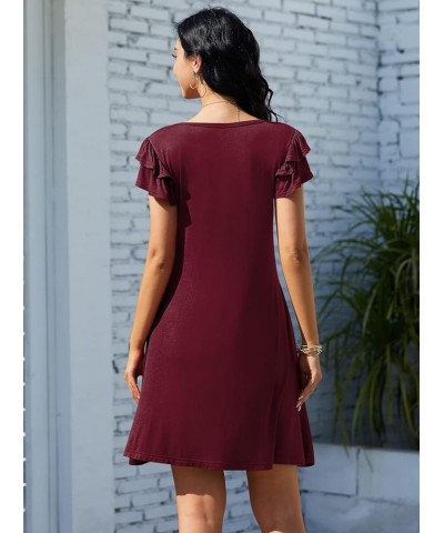 Women 2023 Mini Dresses Summer Casual Ruffle Short Sleeve Cute Crew Neck Flowy Dress with Pockets Wine Red $17.25 Dresses