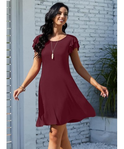 Women 2023 Mini Dresses Summer Casual Ruffle Short Sleeve Cute Crew Neck Flowy Dress with Pockets Wine Red $17.25 Dresses