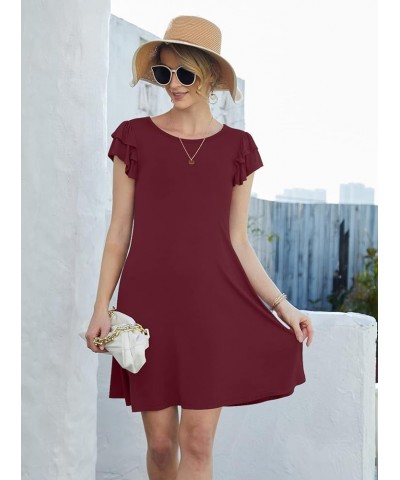 Women 2023 Mini Dresses Summer Casual Ruffle Short Sleeve Cute Crew Neck Flowy Dress with Pockets Wine Red $17.25 Dresses