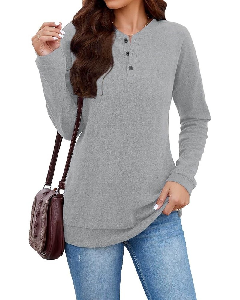 Fall Women's Sweatshirts 2023 Casual Long Sleeve Henley Button up Fitted Crew Neck Womens Tunic Tops Silver Gray $13.33 Tops