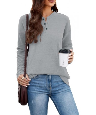 Fall Women's Sweatshirts 2023 Casual Long Sleeve Henley Button up Fitted Crew Neck Womens Tunic Tops Silver Gray $13.33 Tops