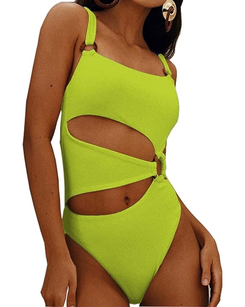 Women's One Piece Swimsuit Ring Cut Out Front High Cut Cheeky Bathing Suit Monokini Swimwear Green $12.25 Swimsuits