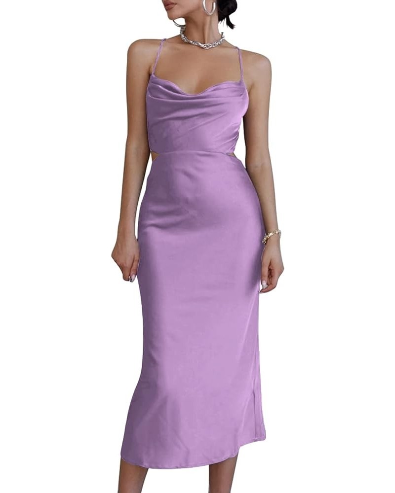 Women's Satin Cowl Neck Straps Slip Sexy Cut Out Cocktail Midi Dress Light Purple $26.21 Dresses