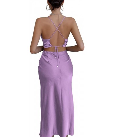 Women's Satin Cowl Neck Straps Slip Sexy Cut Out Cocktail Midi Dress Light Purple $26.21 Dresses