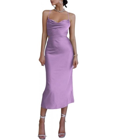 Women's Satin Cowl Neck Straps Slip Sexy Cut Out Cocktail Midi Dress Light Purple $26.21 Dresses