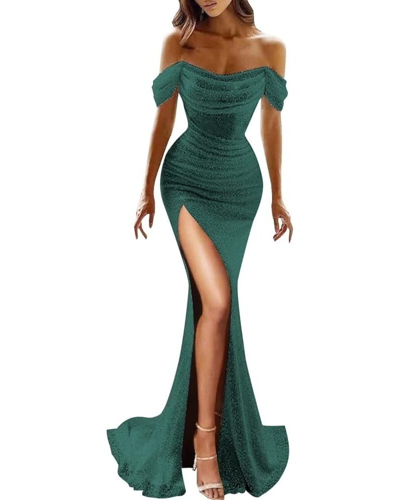 Sparkly Sequin Mermaid Prom Dresses with Slit for Women Long Ball Gown Off The Shoulder Evening Dresses Teal $41.80 Dresses