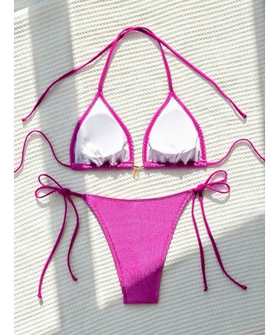 Women's High Cut Thong Bikini Set Textured Halter Triangle String Tie Side Swimsuit Bathing Suit Plain Pink $13.76 Swimsuits