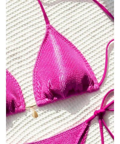 Women's High Cut Thong Bikini Set Textured Halter Triangle String Tie Side Swimsuit Bathing Suit Plain Pink $13.76 Swimsuits