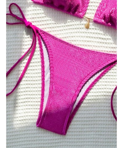 Women's High Cut Thong Bikini Set Textured Halter Triangle String Tie Side Swimsuit Bathing Suit Plain Pink $13.76 Swimsuits