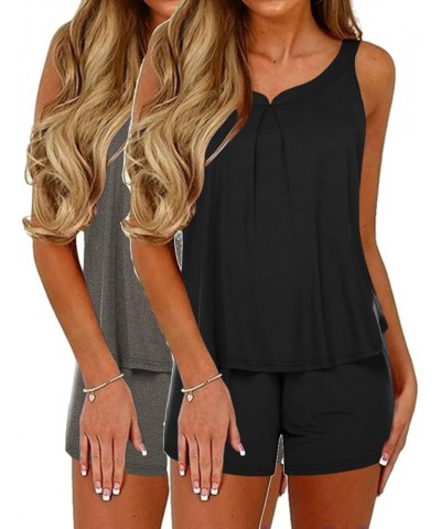 Pajamas Sets for Women Tank Tops with Shorts Sleepwear Nightwear Pj Set S-XXXL Black+dark Grey $13.67 Sleep & Lounge