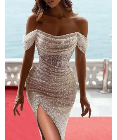 Sparkly Sequin Mermaid Prom Dresses with Slit for Women Long Ball Gown Off The Shoulder Evening Dresses Teal $41.80 Dresses