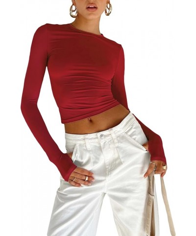 Women Crewneck Skinny Shirt Long Sleeve Basic Slim Crop T Shirts Y2K Pullovers Tight Tee Tops Bodycon Blouse D Red $10.75 T-S...