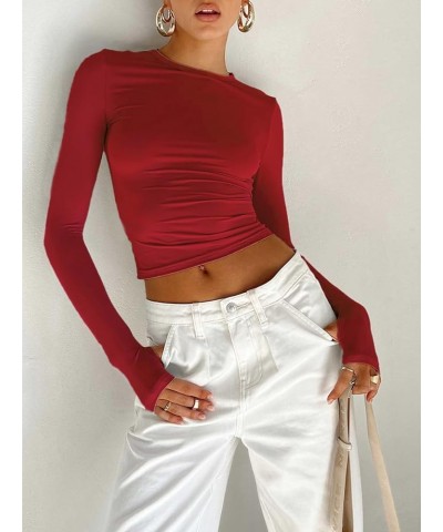 Women Crewneck Skinny Shirt Long Sleeve Basic Slim Crop T Shirts Y2K Pullovers Tight Tee Tops Bodycon Blouse D Red $10.75 T-S...