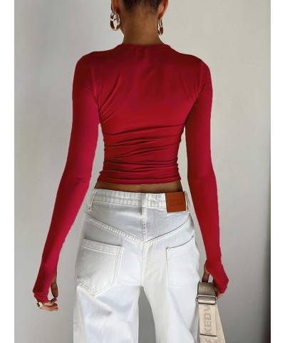 Women Crewneck Skinny Shirt Long Sleeve Basic Slim Crop T Shirts Y2K Pullovers Tight Tee Tops Bodycon Blouse D Red $10.75 T-S...