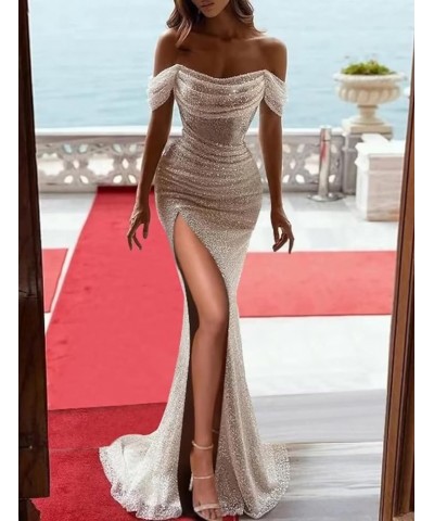 Sparkly Sequin Mermaid Prom Dresses with Slit for Women Long Ball Gown Off The Shoulder Evening Dresses Teal $41.80 Dresses