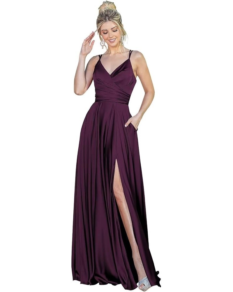 Spaghetti Straps Prom Dresses Long A Line Satin Formal Party Gown 2024 with Slit BF85 Plum $30.66 Dresses