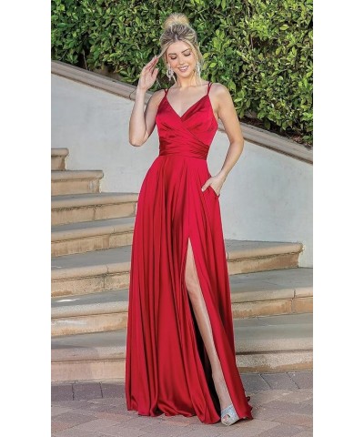 Spaghetti Straps Prom Dresses Long A Line Satin Formal Party Gown 2024 with Slit BF85 Plum $30.66 Dresses