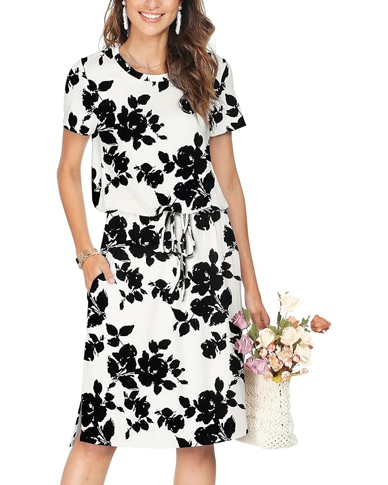 2024 Womens Hide Belly Work Casual Midi Blouson Dress with Pockets A-modest Black Andwhite Floral $32.94 Dresses