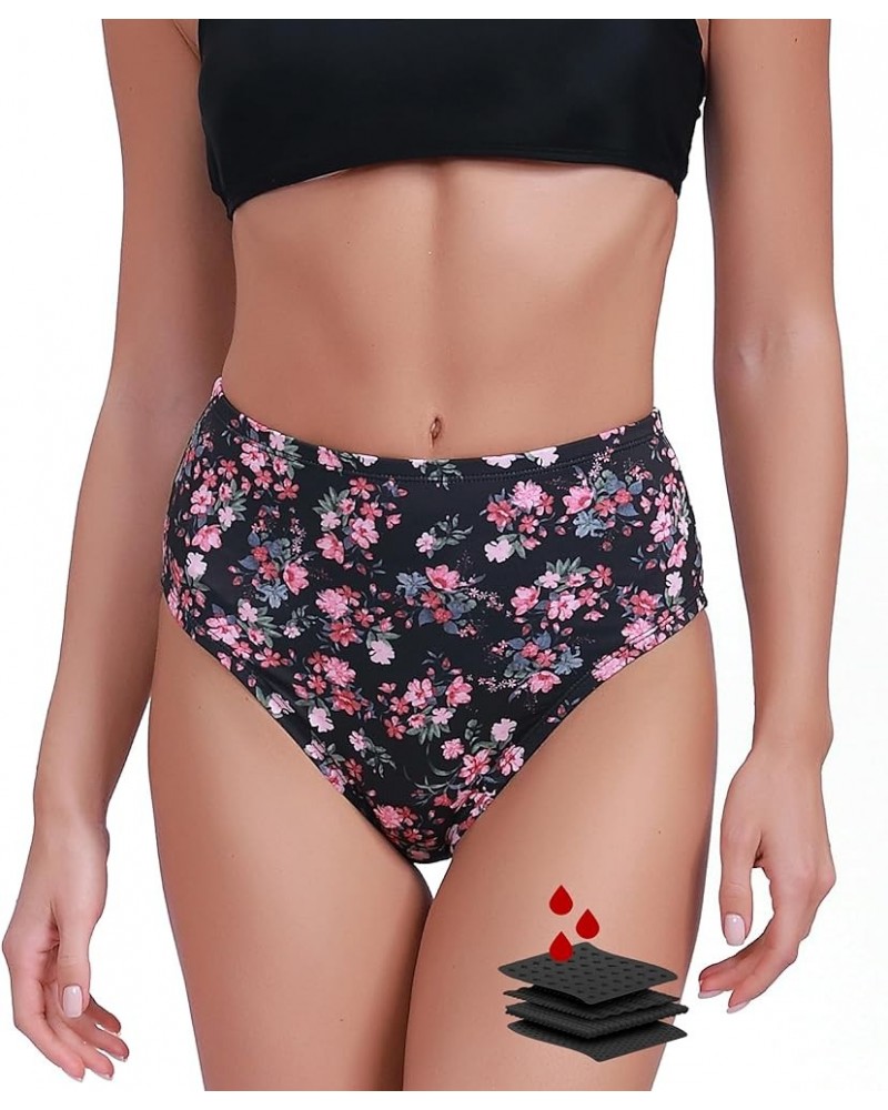 Period Swimwear - Menstrual Swimwear Bikini Bottoms - Black Leakproof Swim Bottoms for Teens Girls and Women Medium Flowery $...