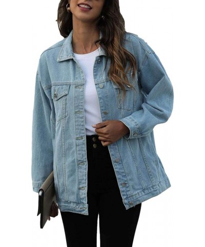 Women's Oversized Jean Jacket Plus Size Fashion Boyfriend Button Down Washed Denim Jacket Light Blue $17.00 Jackets