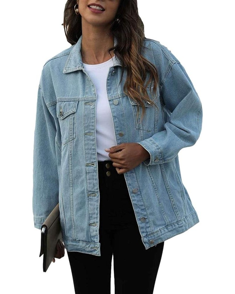 Women's Oversized Jean Jacket Plus Size Fashion Boyfriend Button Down Washed Denim Jacket Light Blue $17.00 Jackets