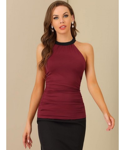 Women's Sexy Halter Neck Sleeveless Stretchy Slim Fit Halloween Party Ruched Top Wine-solid $10.08 Tanks